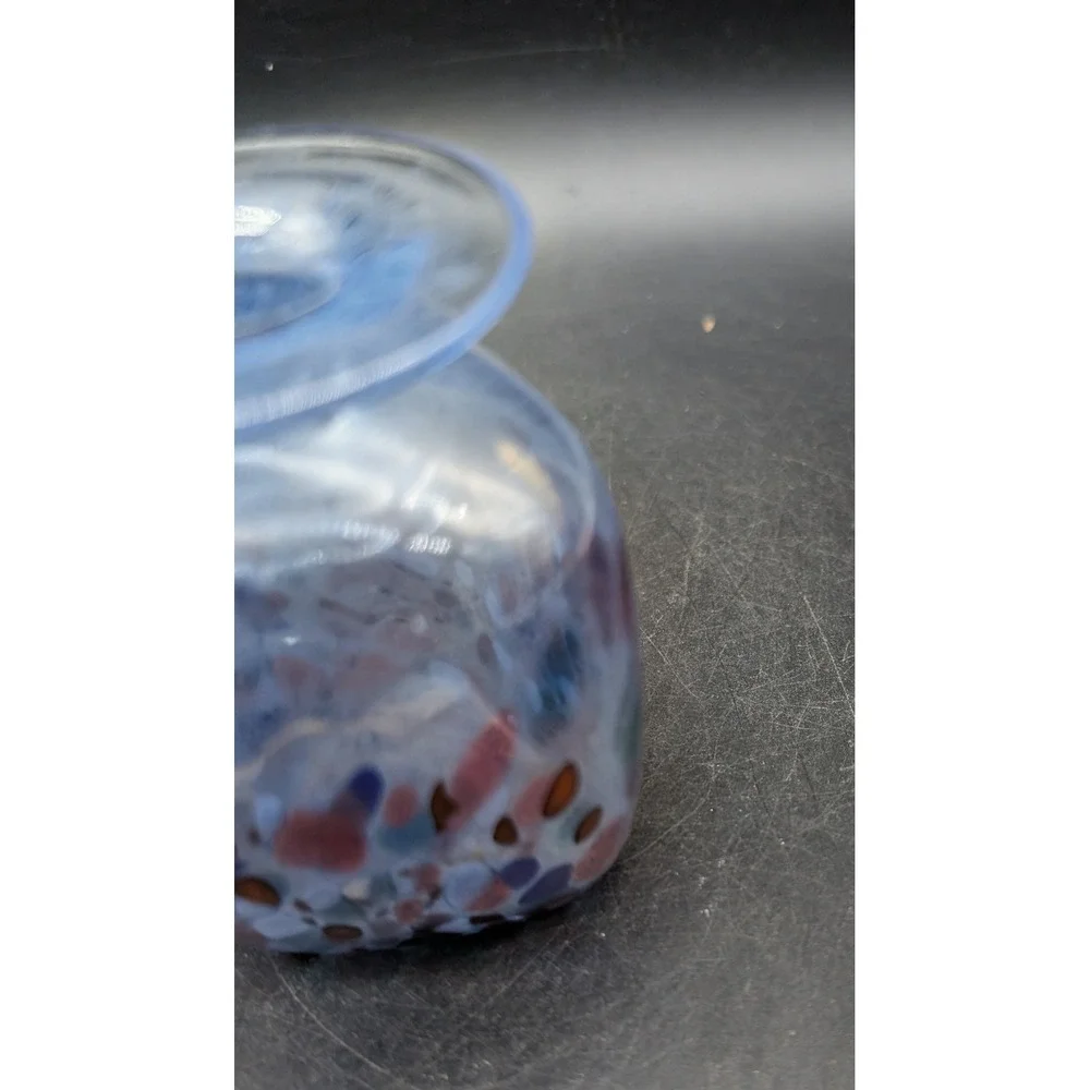 Hand Blown Blue Confetti Art Glass Bud Vase Squared Bulbous Studio Glass 3in